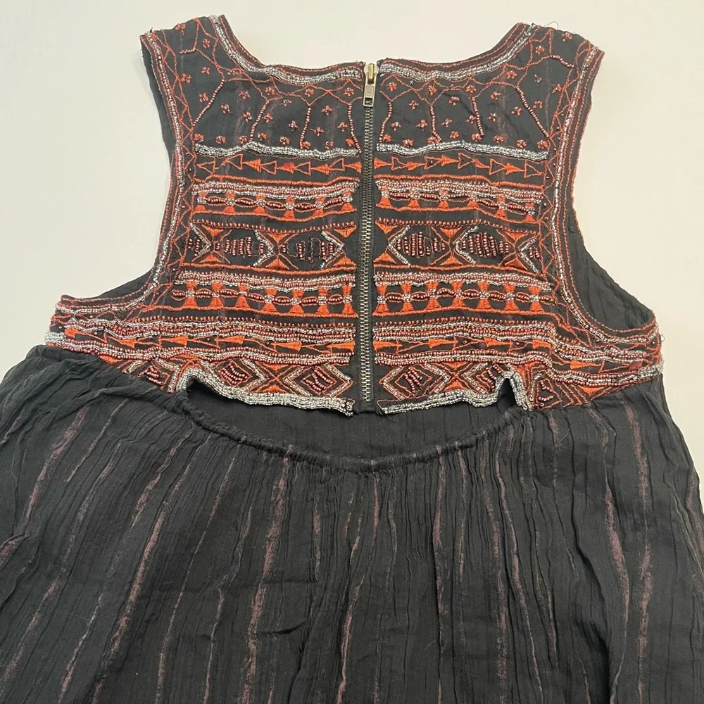 Free People Aztec Bib Beaded Embroidered Black Boho Festival Mini Dress